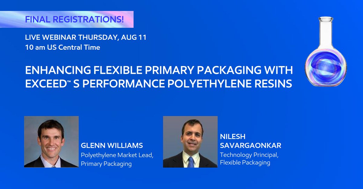 XOM_Chemical's tweet photo. Don't miss this webinar! Hear how you can enhance your flexible primary packaging and rethink your film design with Exceed™ S performance polyethylene resins! Register today: https://t.co/xHTx2jWyKY

#ExceedS #primarypackaging #resin #polyethylene https://t.co/d1RiztoU6L
