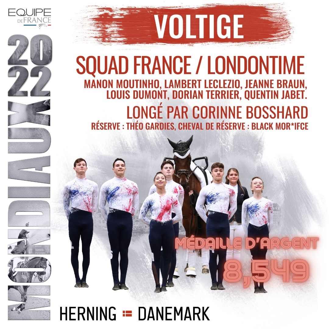 #Mondiaux2022 #voltige
ENCORE UNE MEDAILLE pour l'équipe de France de voltige !
Les Bleus viennent de décrocher l'argent🥳🇫🇷
1/ GER/8.614, 2/ FRA/8.549, 3/ SUI/8.279.
Bravo à tous nos Bleus pour cette journée de folie 🥇🥇🥈🥈
Résultats ici : longinestiming.com/equestrian/202…