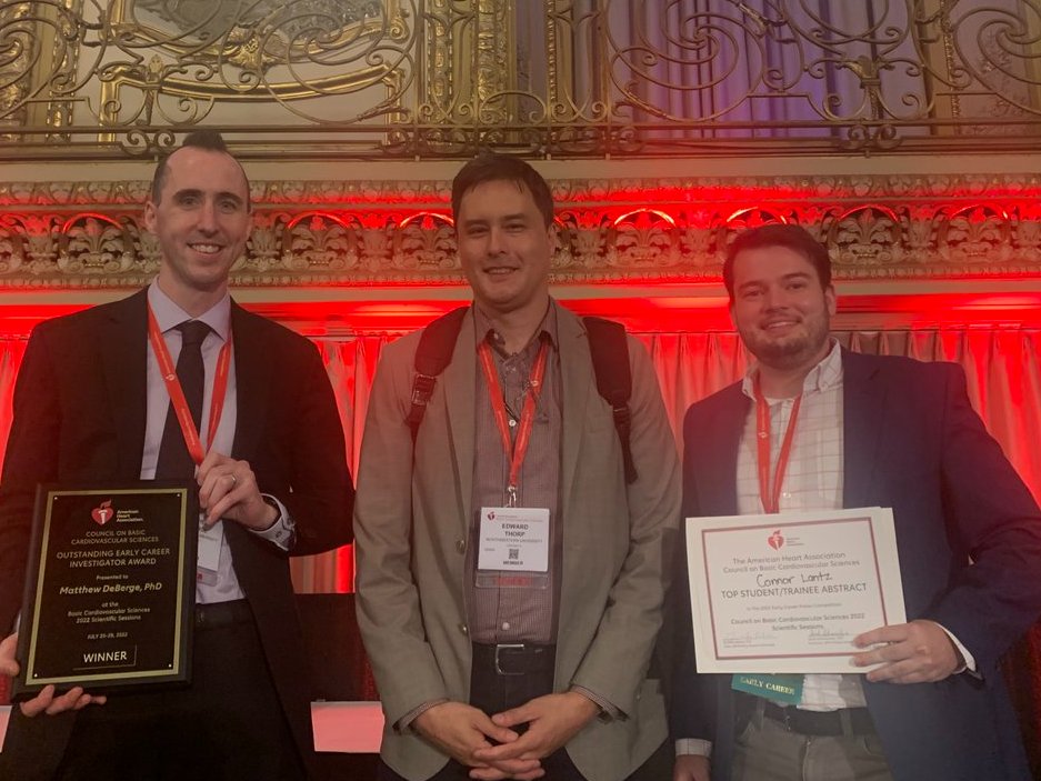 A successful #BCVS22 Conference for members of <a href="/thorplab/">EdT</a>! Dr. Matthew DeBerge won the <a href="/American_Heart/">American Heart Association</a> BCVS Outstanding Early Career Investigator Award, a highly competitive honor with only 1 person selected per year. Connor Lantz also took home a top student poster award!