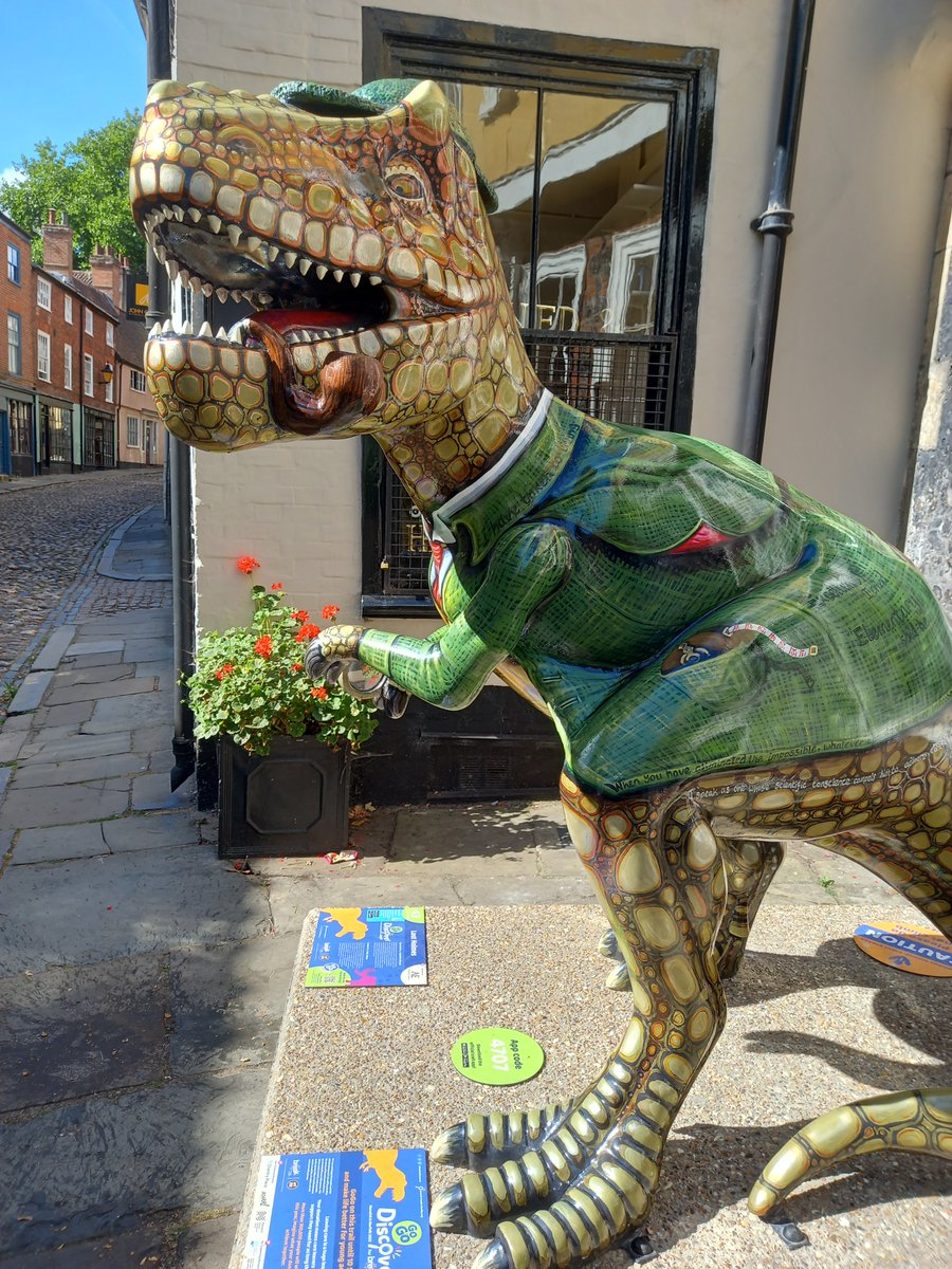 My favourite dinosaur! And a bit of Elm Hill for some bonus loveliness.  #Norwich #gogodiscover #gogodinosaurs (yes, it's the Sherlock Holmes one). 17000 steps done. Lunch off the market with my Demons. Lovely day x