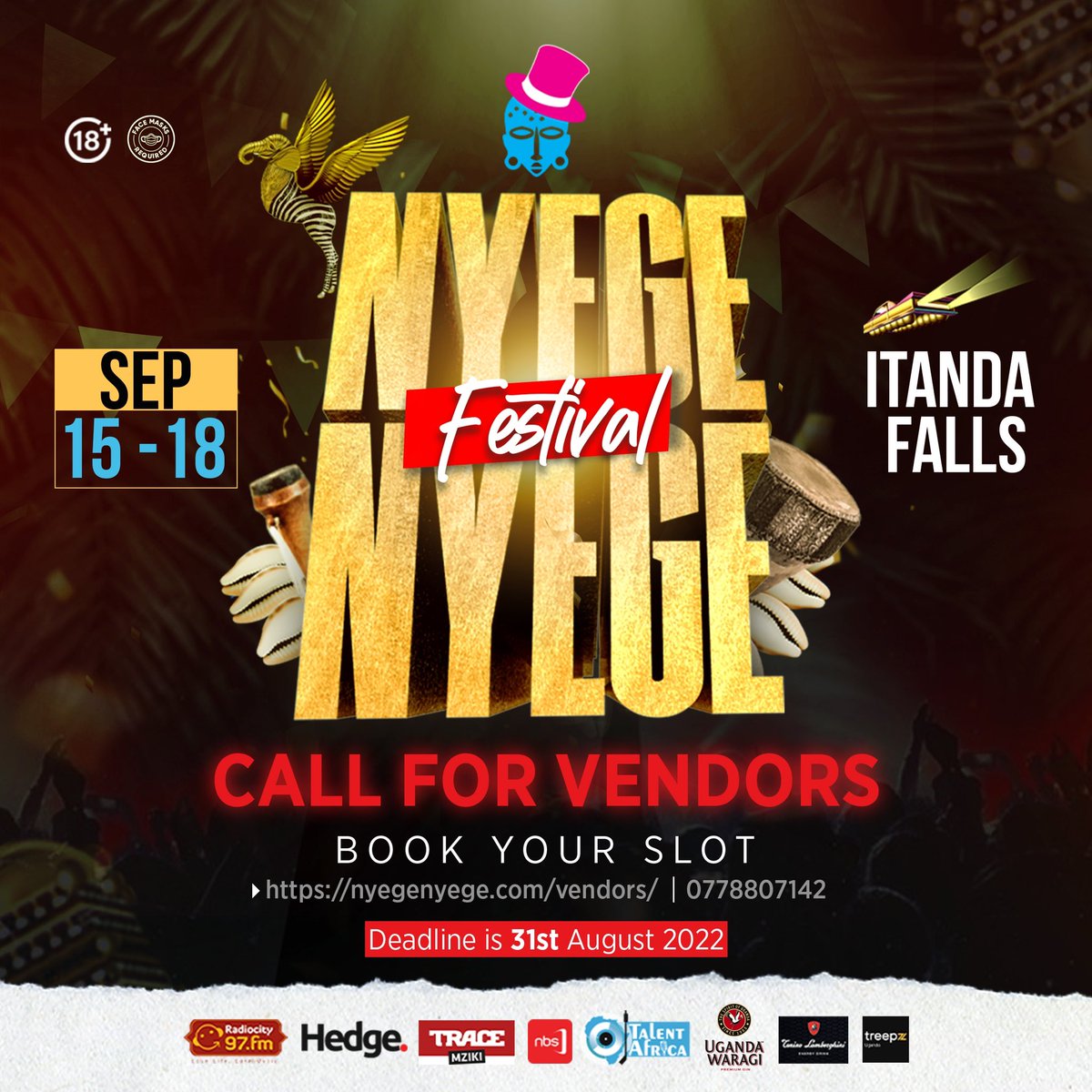 NyegeNyegeFest's tweet photo. This is a call for vendors interested in working at the Nyege Nyege Festival on the 15th - 18th of September at Itanda Falls, Jinja. All interested vendors should call 0778807142 or visit the link https://t.co/iRv5tH8sG9 before Wednesday, 31st August 2022.

#Nyege22 https://t.co/j5dKXSWElJ