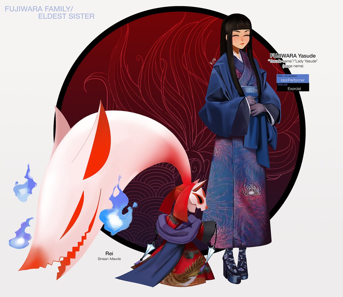 Doing a small series on the Fujiwara family! Here's the eldest sister, Yasude, and her Sinean Mawile, Rei!
It's not known whether Aya went into fashion due to Yasude's influence!

The Eldest Fujiwara sister uses mostly Ghost and Psychic types!