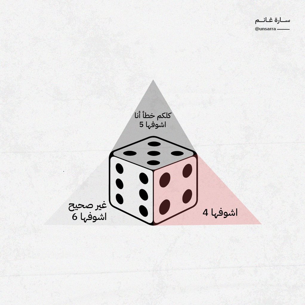 unsarra's tweet image. النرّد يمثل الحياة!

نظرتنا عن الحياة مختلفة وهذا يعود لاختلاف تجربة كل واحد منا في هذه الحياة.

فا بختلاف تجاربنا تختلف وجهات نظرنا.