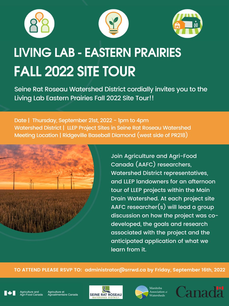 Another Living Lab - Eastern Prairies Site Tour will take place on September 21st hosted by <a href="/SeineRatRoseau/">Seine Rat Roseau Watershed District</a> watershed district. If you would like to attend, RSVP to administrator@srrwd.ca by Friday, Sept. 16th #AgLivingLab #LivingLabEP <a href="/MB_Watersheds/">Manitoba Association of Watersheds</a> <a href="/AAFC_Canada/">AAFC Canada</a>