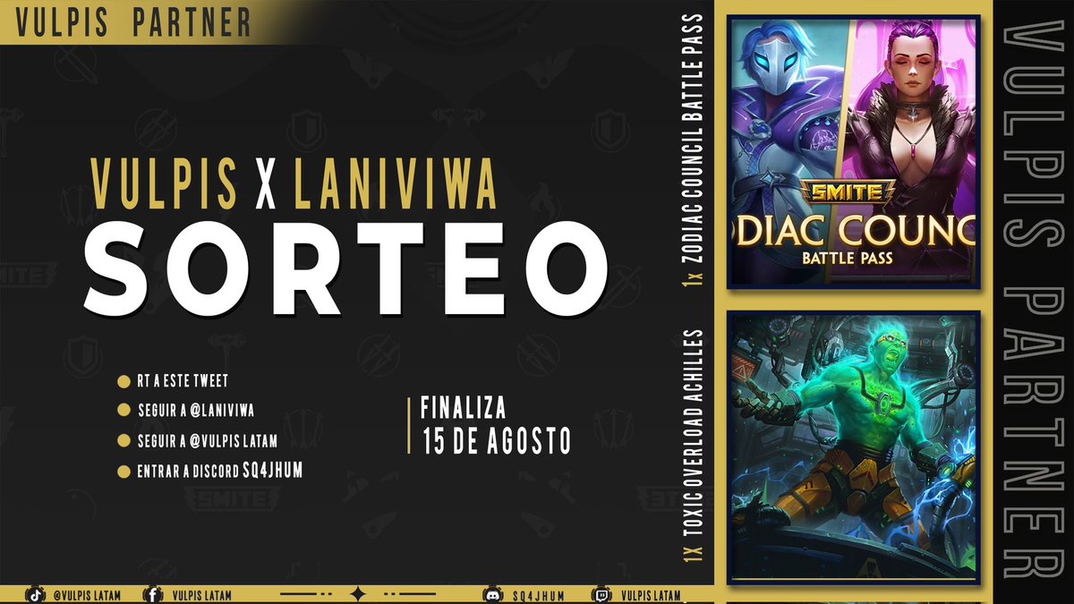 ✨¡¡SORTEO!! ✨

🌈 Battle Pass x1 
🌈Toxic Overload Achilles x1 

Como participar:

⚡ RT Y FAV
⚡Sigue a @vulpisLatam
⚡ Entra a Discord discord.gg/AfR7VUnaAQ
⚡Sigueme en Twitter

El ganador lo anunciare en mi Directo el dia 15 de agosto
twitch.tv/laniviwa
