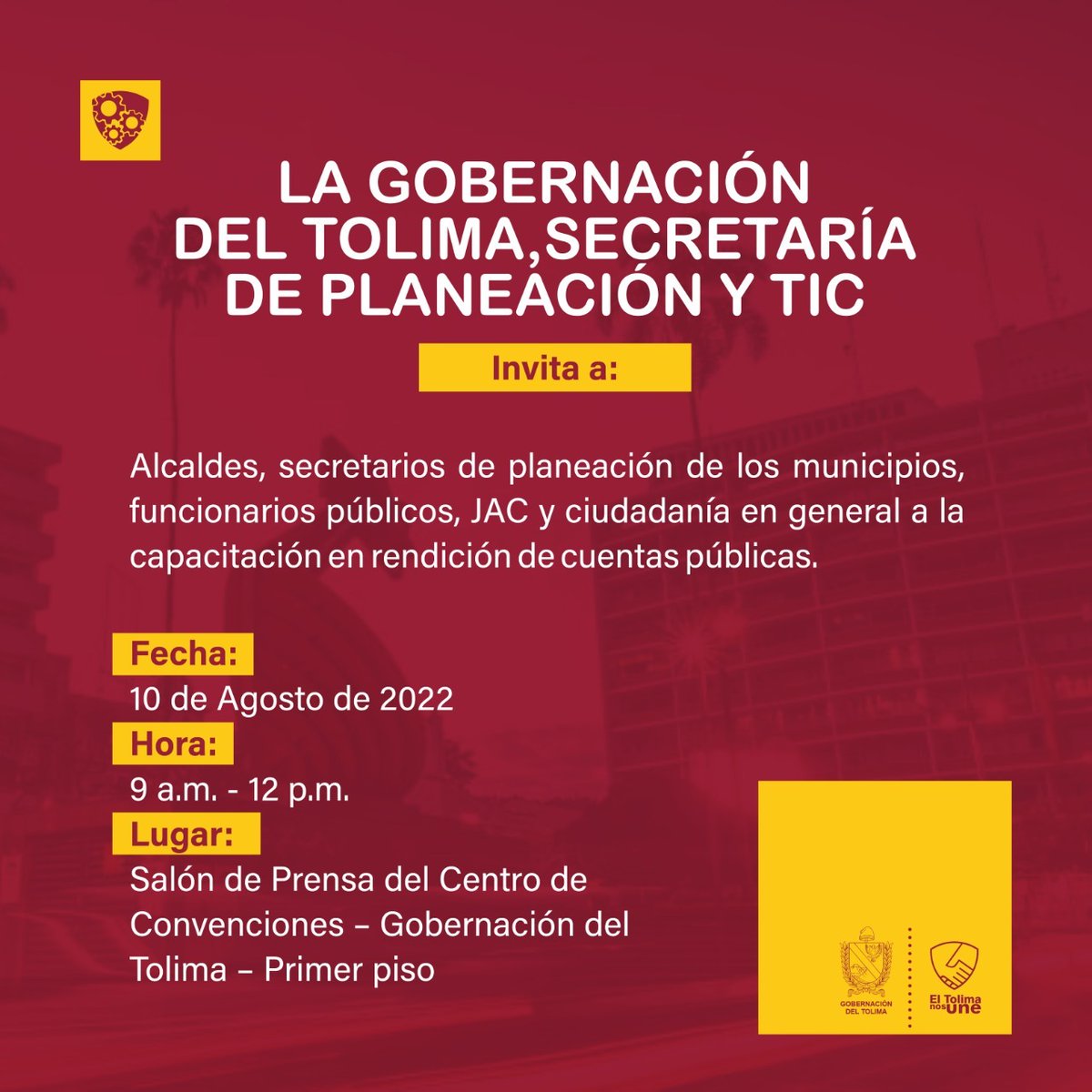 La Gobernación del Tolima 🏬 a través de la Secretaría de Planeación y TIC en coordinación con el DAFP invitan a la capacitación en rendición de cuentas. 

#ElTolimaNosUne #LaPlaneaciónNosUne