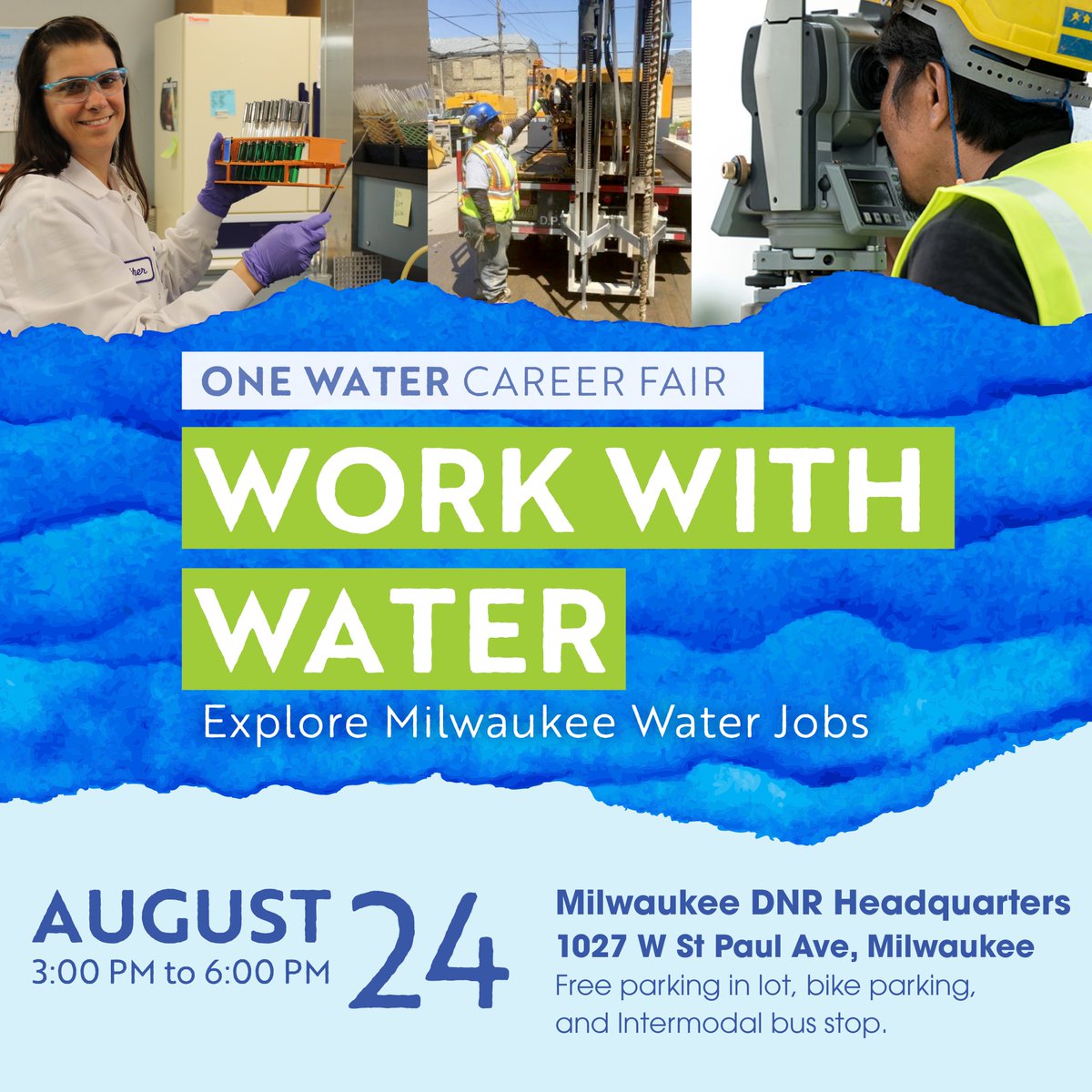WaterWorksMKE's tweet photo. Connect with employers at the One Water Career Fair! Join us August 24 from 3-6 PM at WI DNR to find the right water career for you. https://t.co/sJV78SiC4v #careers #jobs #jobsearch #milwaukeejobs #mkejobs #nowhiring #hiring #waterjobs #workforwater #workwithwater #watercareers https://t.co/N6ZJVNFkti