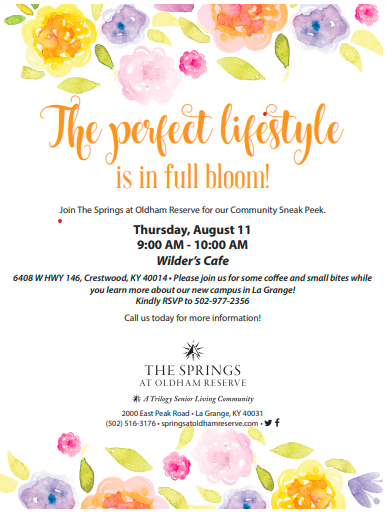 OldhamReserveSL's tweet photo. Community Sneak Peek--this Thursday!  Join us at Wilder's Cafe in Crestwood to learn more about our campus!  #freecoffee #seniorliving #trilogyhealthservices https://t.co/kmUnO5xTYm