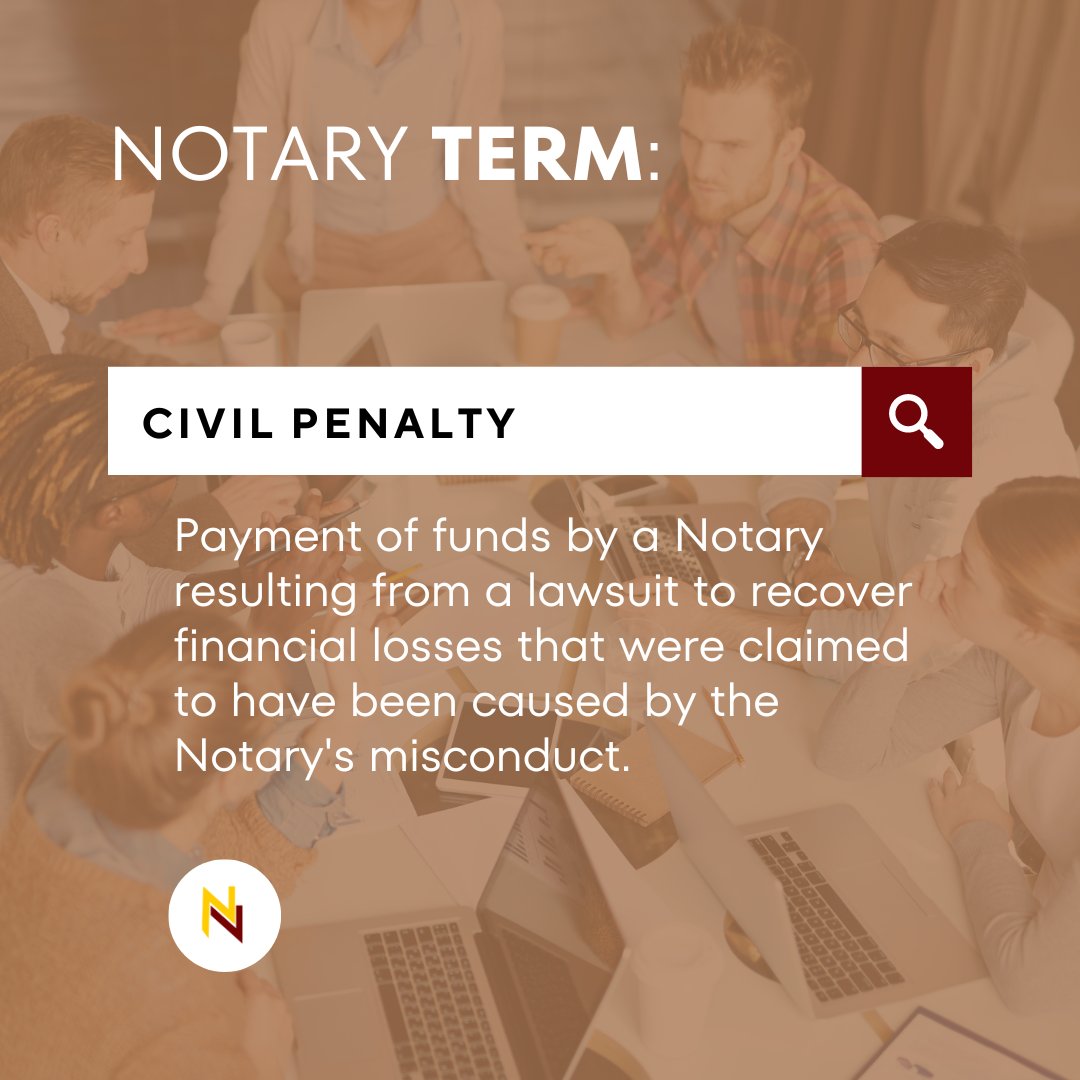 Notary2Notary's tweet image. Are you familiar with this #notary term? Civil Penalty

The Civil Penalty is the payment of funds by a Notary resulting from a lawsuit to recover financial losses that were claimed to have been caused by the Notary's misconduct.