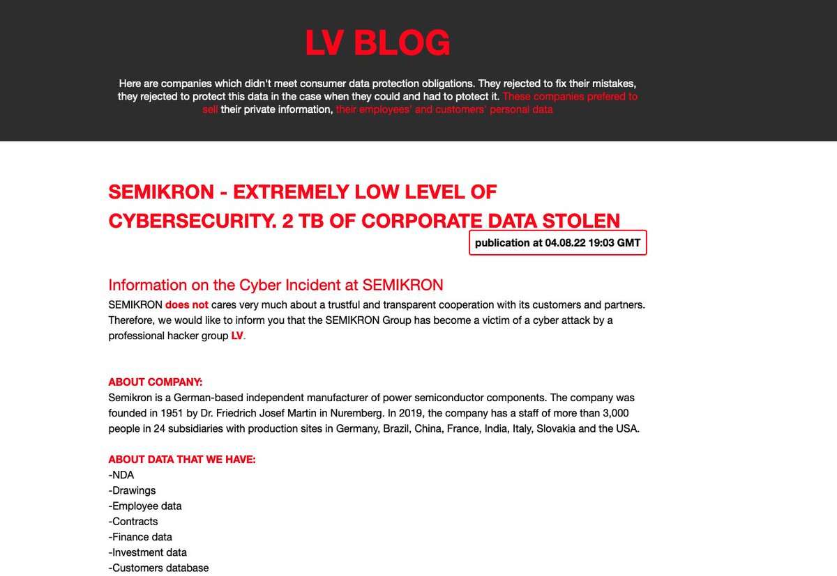 _venarix_'s tweet photo. #LV #ransomware group claims responsibility for the #ransomware attack against #Semikron, a German 🇩🇪 manufacturer of power semiconductors. The #cyberattack has caused the company to hold their production...

Source 👇
https://t.co/BTOYZNHpe6 https://t.co/xWR568fbO3