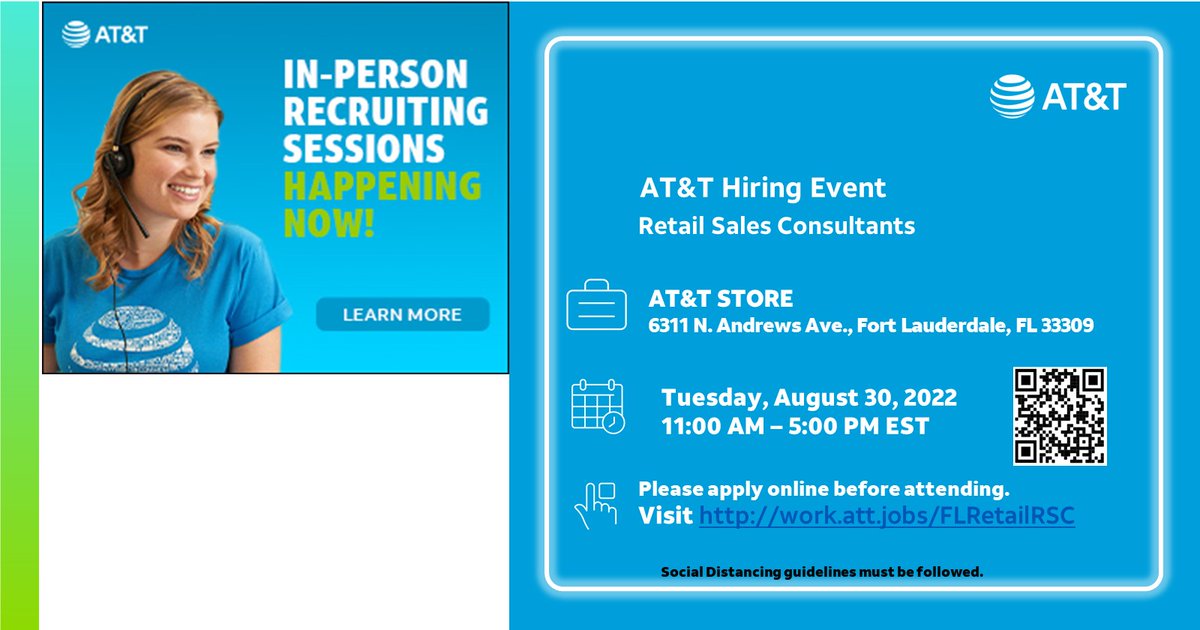 ◄◄ AT&amp;T HIRING EVENT 8/30/22 11am - 5pm Fort Lauderdale, FL ►►Benefits, 401(k), medical, paid training, pay increase every six months, and more. Our top seller earn up to 56k per year, plus $1,000 sign-on bonus!

Come meet our hiring team!
Apply Now- work.att.jobs/FLRetailRSC