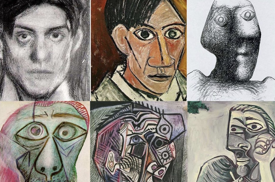 Picasso’nun 15 yaşından 90 yaşına kadar kendi portresinin çizim tekniğini geliştirmesi.