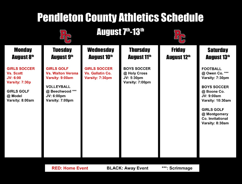 Game schedule this week for PCHS.
