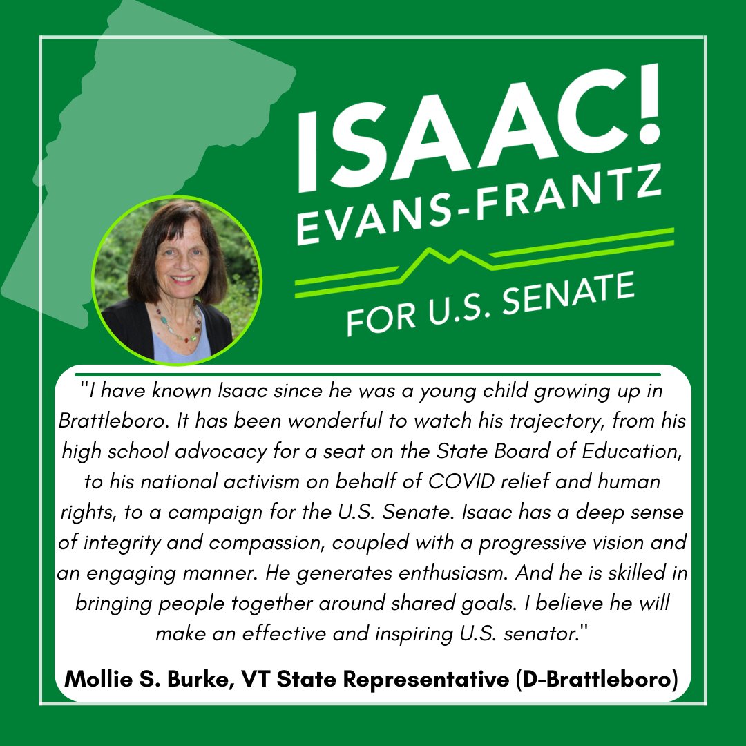 IsaacForVT's tweet photo. 📣ANOTHER ENDORSEMENT!📣
"Isaac has a deep sense of integrity and compassion, coupled with a progressive vision &amp; an engaging manner. [...] I believe he will make an effective and inspiring U.S. senator."🗳

Read the full quote below⬇️
#VTPoli #IsaacforVT https://t.co/D4HF45bkrD
