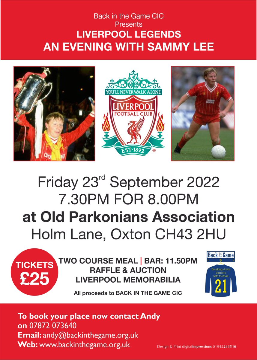 BackCic's tweet photo. Can’t wait for our next Liverpool Legends Evening. We’re absolutely delighted to announce Sammy Lee as our special guest. Tickets are selling fast so contact Andy on 07872 073640 or message us to book your tickets @Wirral_Chamber @ShootinBoots @ActionOnWirral @OldParkonians https://t.co/AwUwwd2bG0