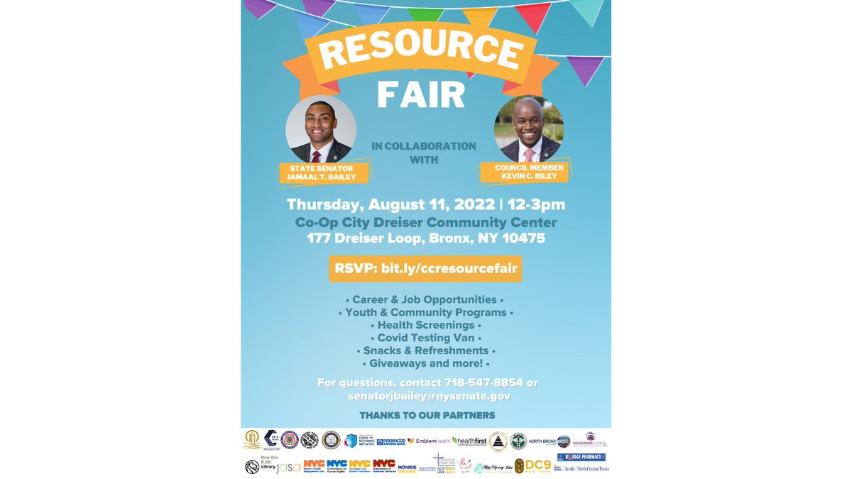 nshopporg's tweet photo. Stop by the Co-Op City Dreiser Community Center on Thursday, 8/11 from 12pm-3pm for a #ResourceFair hosted by Senator Jamaal T. Bailey's Office in partnership with Council Member Kevin C. Riley. There will be information about available #JobOpportunities, resources, and more.🧠💪 https://t.co/9vVnoBxSKh
