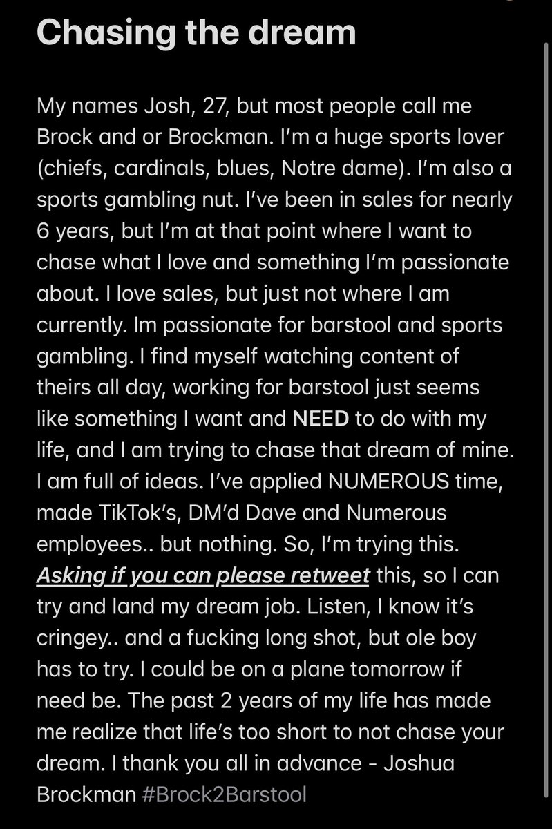 JoshuaJBrockman's tweet photo. Shooting my shot. 

My dream is to work for 
@barstoolsports. 

I could be on the first flight out tomorrow if need be. Hoping and praying the right eyes see this. 

(Oh and if it helps… I’m a Ryder, but I’m blocked)

#Brock2Barstool https://t.co/2ftztsdaED