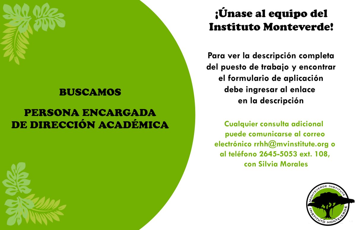 El MVI busca persona Encargada de Dirección Académica, encargada de desarrollar, implementar y promocionar los programas académicos; facilitando la integración de estudios académicos, investigación e iniciativas comunitarias. Descripción&amp;aplicación:  tinyurl.com/4et7vny5