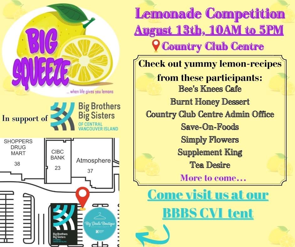 BBBSCVI (@bbbscvi) on Twitter photo Join us this Saturday from 10:00-5:00 at Country Club Centre for some lemony fun ! All proceeds support <a href="/bbbscvi/">BBBSCVI</a> ! <a href="/beesknees/">Jiffany</a> <a href="/simplyflowers/">Emily Carvalho</a> <a href="/teadesire/">Tea Desire</a> <a href="/supplementking/">Supplement Kingdom</a> <a href="/Saveonfoods/">Save-On-Foods</a> <a href="/burnthoney/">Burnt Honey</a> @countryclubcentre Join us this Saturday from 10:00-5:00 at Country Club Centre for some lemony fun ! All proceeds support <a href="/bbbscvi/">BBBSCVI</a> ! <a href="/beesknees/">Jiffany</a> <a href="/simplyflowers/">Emily Carvalho</a> <a href="/teadesire/">Tea Desire</a> <a href="/supplementking/">Supplement Kingdom</a> <a href="/Saveonfoods/">Save-On-Foods</a> <a href="/burnthoney/">Burnt Honey</a> @countryclubcentre