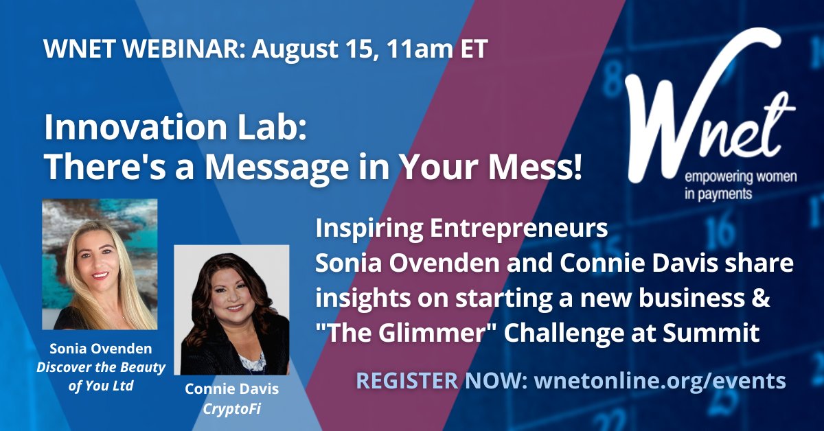Inspiring #Entrepreneurs <a href="/soniajovenden/">Sonia Ovenden</a>, Discover The Beauty of You, &amp; Connie Davis, @CryptoFiBanking, share insights on #startups &amp; #SummitGlimmerChallenge
8/15 Webinar: Innovation Lab: There's a Message in Your Mess!
Register: bit.ly/3d5yYqp
#payments #paytech #fintech