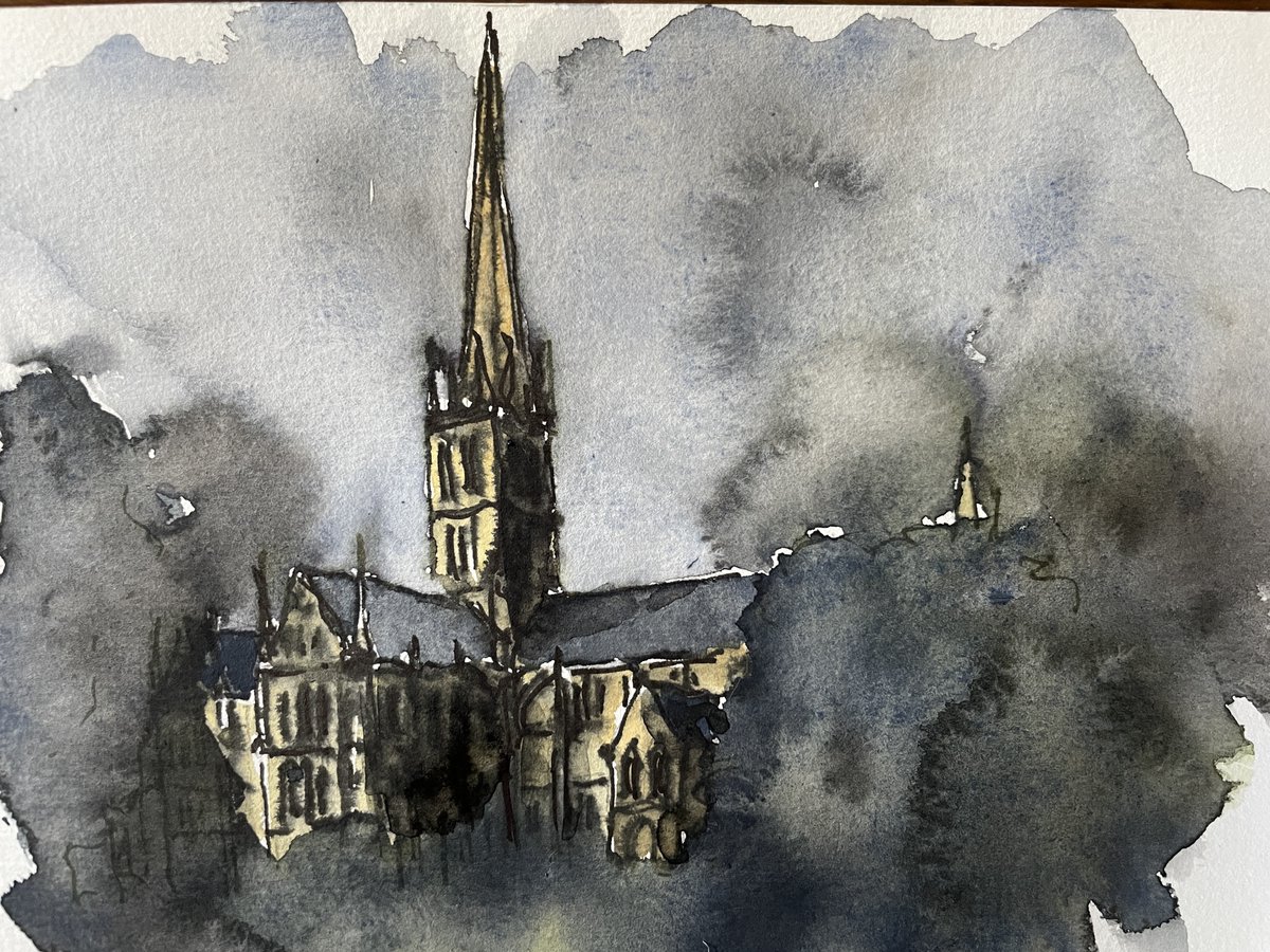 #ArtDD2022 Salisbury cathedral Playing with paint and ink - based on two lovely photographs by @johnorganist and @nickcpapadop, with thanks. @CobbinSteve1 @ExploreChurches @SalisburyCath @Portaspeciosa #cathedral