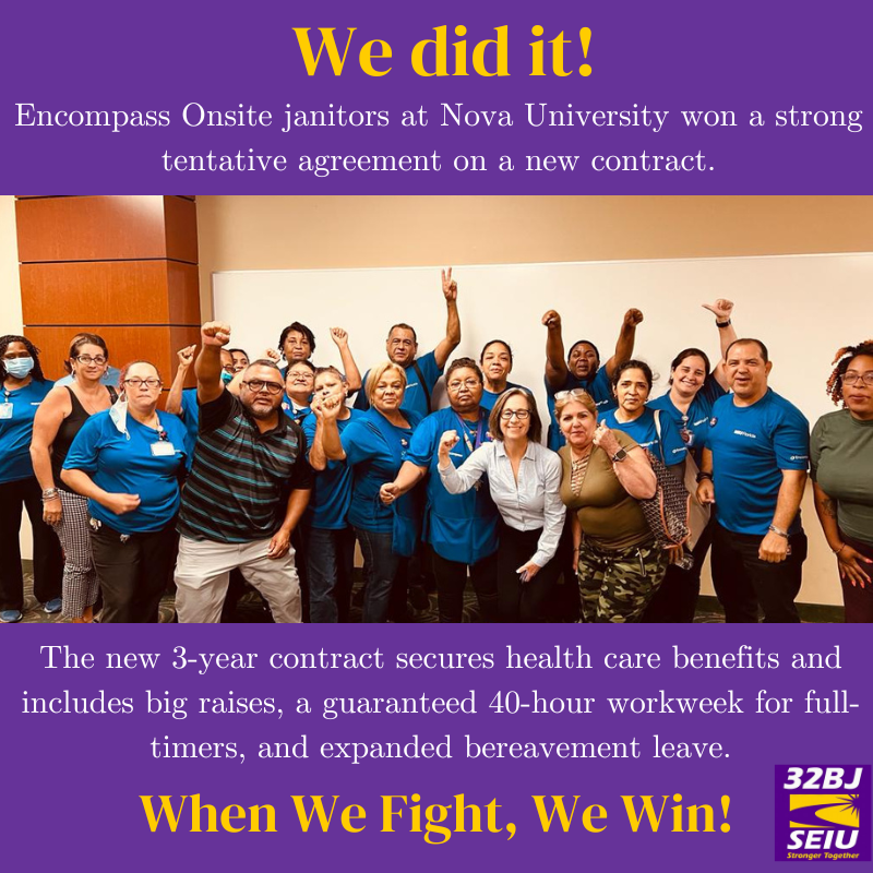 32BJFlorida's tweet photo. πVICTORYπ Janitors at @NSUFlorida, employed by @EncompassOnsite, won a strong tentative agreement on a three-year contract. The bargaining committee fought and won to secure workers' health insurance and earn big raises. #JusticeForJanitors https://t.co/BHQZBXaeRc