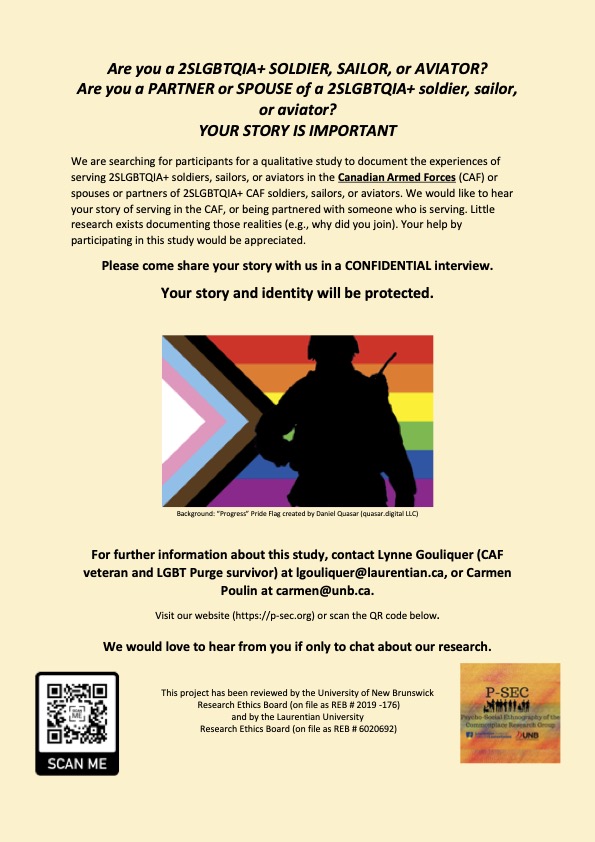 🪖🏳️‍🌈 Le groupe de #recherche P-SEC (Psycho-Social Ethnography of the Commonplace) est à la recherche de militaires LGBTQ2S+ qui ont servi dans les Forces armées canadiennes (FAC) et/ou leurs partenaires. @LaurentianU 👉 p-sec.org