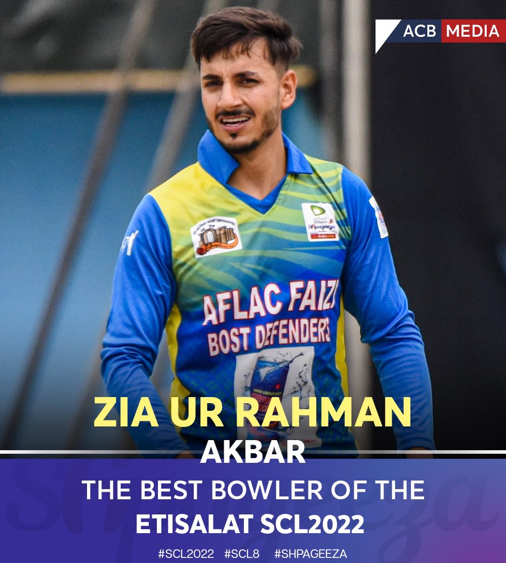 ACBofficials's tweet photo. .@Zia22Akbar (SLA, Bost Defenders) was awarded the best bowler of the SCL2022 for his tremendous bowling in the event. He went on to pick 14 wickets in 9 innings at 14.07 and an impressive ER of 5.63 with the best figures of 3/9 in four overs.
#SCL2022 | #SCL8 | #Shpageeza https://t.co/ifZZHlkSUS