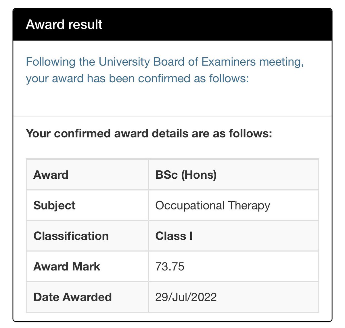 ChelseaFriarOT's tweet photo. Belated post! Last week I got my overall uni grade &amp; to say i’m in shock is an understatement! Who’d have thought after many struggles &amp; doubts in first year, that i’d complete my degree with a first class honours?! Feel so so proud🤩👩🏻‍🎓 https://t.co/uuQo5LuRW7