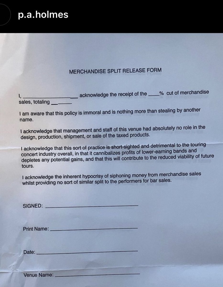 Venues are still asking for a cut of merch money 

One tour manager has decided to write his own contract