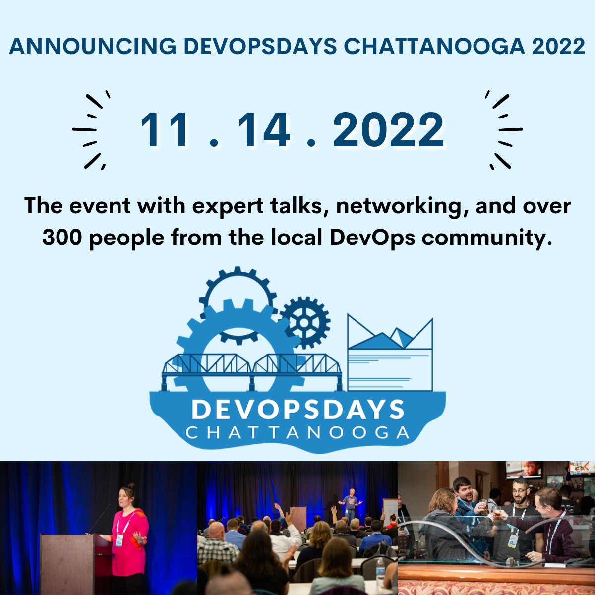 ANNOUNCEMENT 🚨🚨

DevOpsDays Chattanooga is BACK.

Where: Chattanooga Convention Center 

When: November 14th.

Early Bird tickets are available for purchase here: bit.ly/3A4vi0P

Apply to be a speaker: bit.ly/3QtEIZf

#devopsdays #devopsdayschattanooga