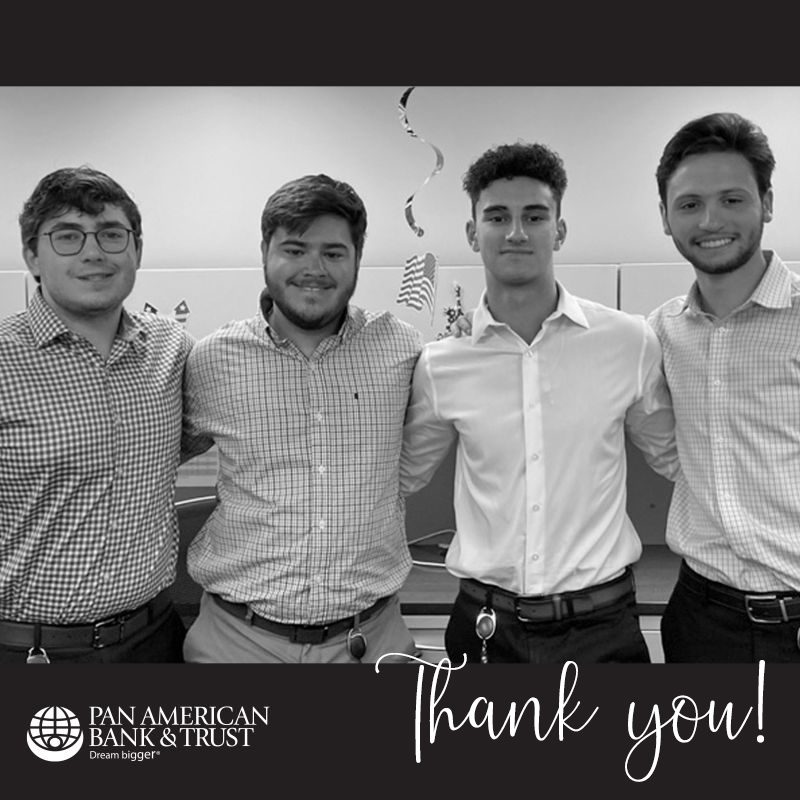 PanAmerBank's tweet photo. As Summer starts to wind down, Pan American Bank &amp; Trust wishes our Interns much success in their future endeavors. A big thank you to Nic, Danny, Gino and Jack!

#DreamBigger #Interns #BusinessBanking #RelationshipBanking #Culture https://t.co/x3V4qcUD5f