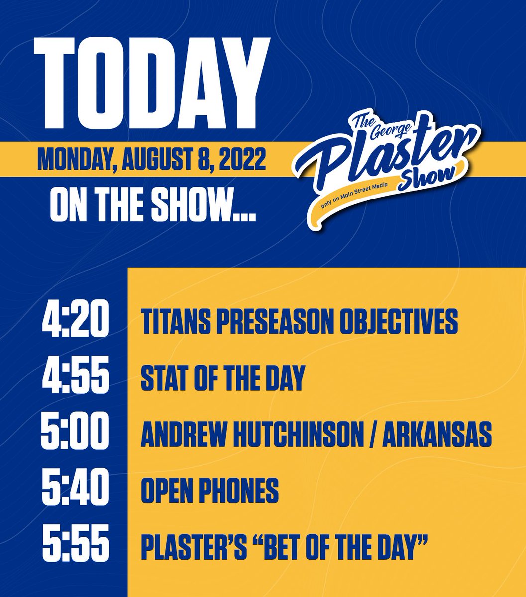 ThePlasterShow's tweet photo. 🚨 We’re BACK 🚨

4:20pm - @Titans preseason objectives 
5:00pm - @NWAHutch talks @RazorbackFB 
5:40pm - OPEN PHONES
5:55pm - @georgeplastertn’s “Bet of the Day”

Tune in at 4pm CT! https://t.co/ZLY6wx6MPx