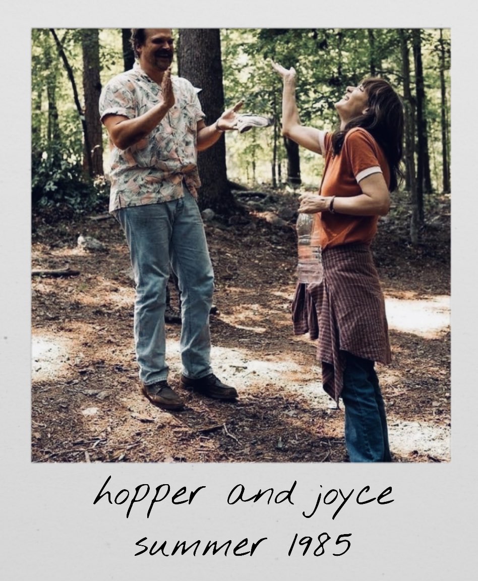 strngerpolaroid's tweet image. a polaroid of hopper and joyce 
summer 1985