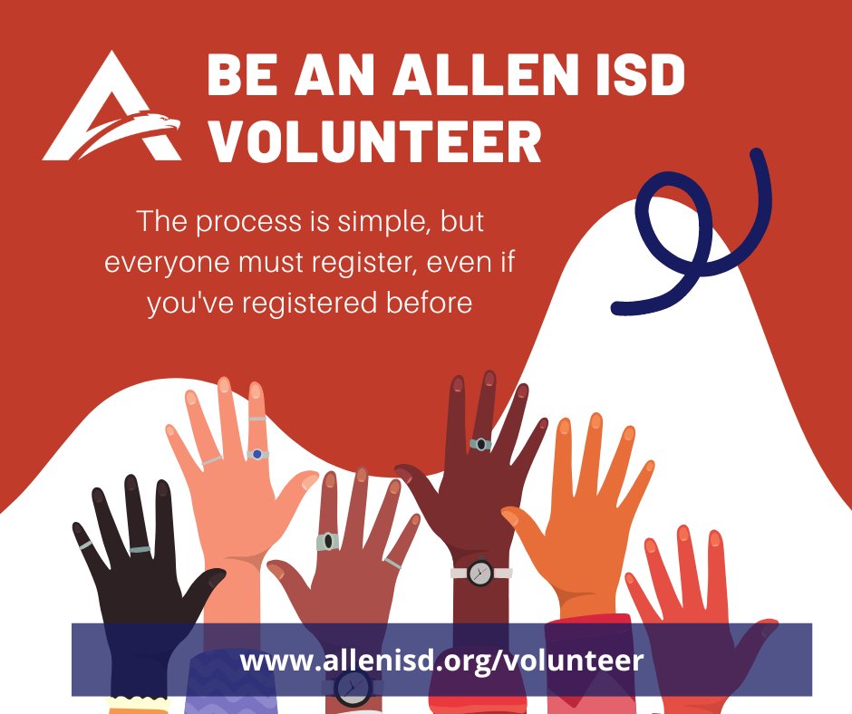 Potential and veteran Allen ISD volunteers must submit an application for the 2022-2023 school year. Users will need to create a new volunteer account, even if they have served as a volunteer in previous years. Applications may be found here: trst.in/h06a1E