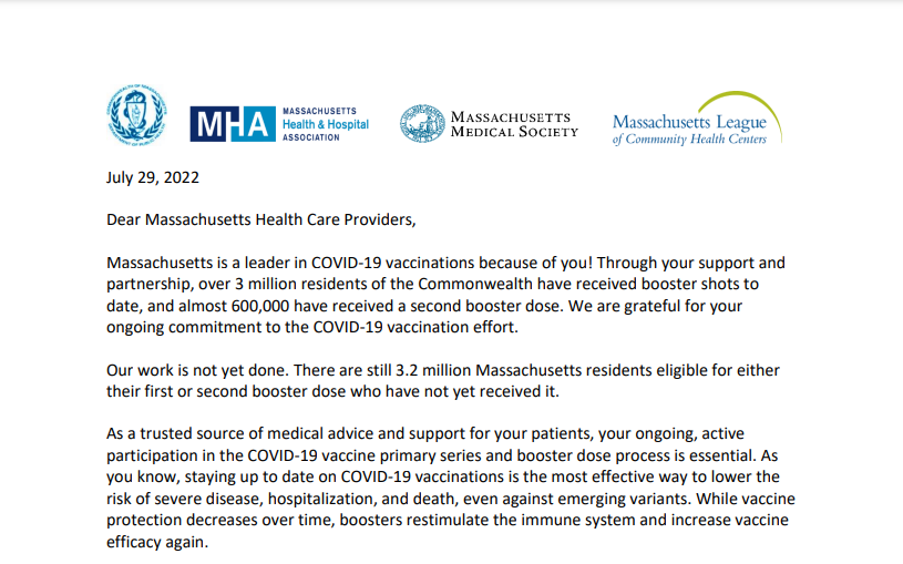 MA Health & Hospital Association (@mahealthhosp) on Twitter photo 📢Boosters remain a critical part of our #COVID19 response.
MHA joins <a href="/MassDPH/">Mass. Public Health</a>, <a href="/MassMedical/">Massachusetts Medical Society (MMS)</a> and <a href="/MassLeague/">Mass League of CHCs</a> to double-down on the effective strategies for getting people boosted in the commonwealth.
Read the full letter here: bit.ly/3vNA3JY 📢Boosters remain a critical part of our #COVID19 response.
MHA joins <a href="/MassDPH/">Mass. Public Health</a>, <a href="/MassMedical/">Massachusetts Medical Society (MMS)</a> and <a href="/MassLeague/">Mass League of CHCs</a> to double-down on the effective strategies for getting people boosted in the commonwealth.
Read the full letter here: bit.ly/3vNA3JY