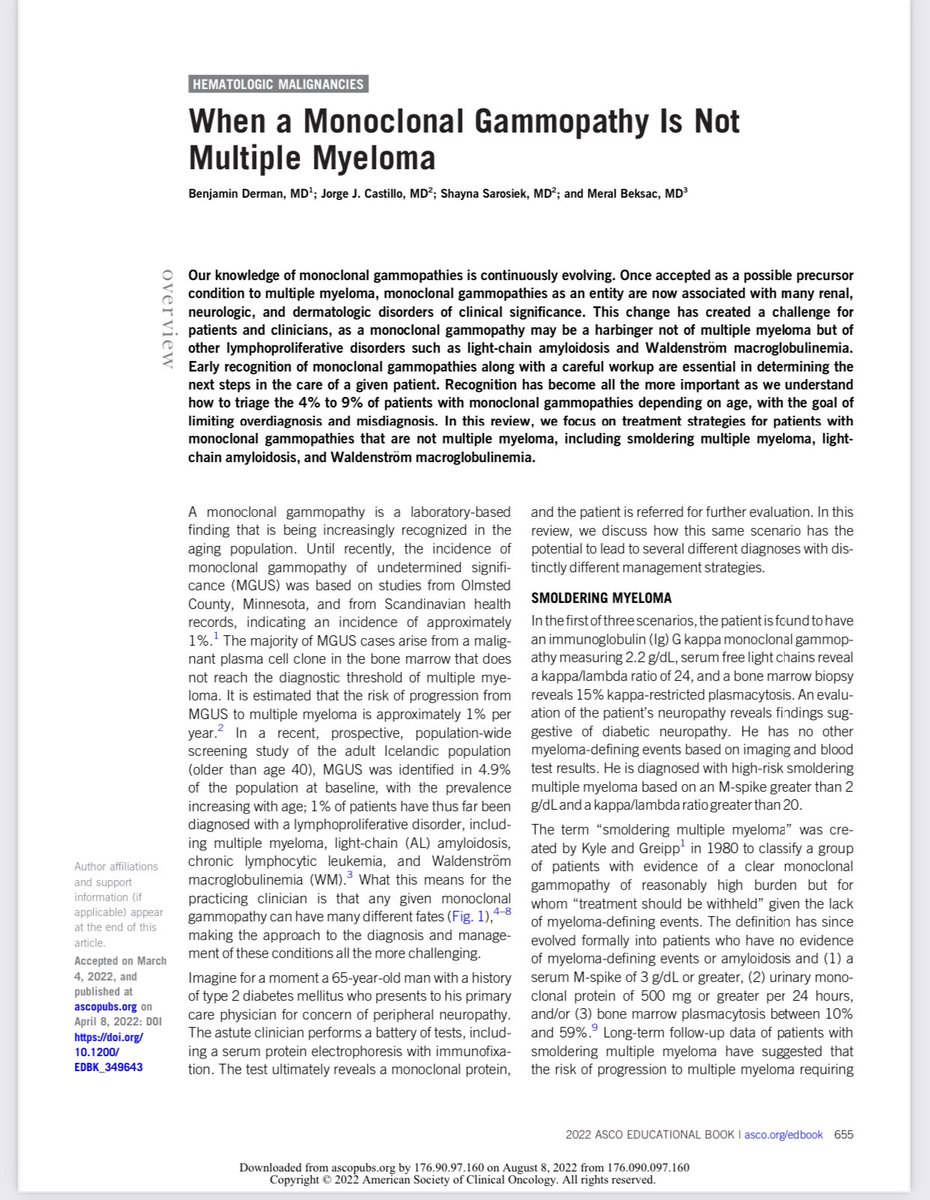 mbeksac56's tweet image. June 2022 ASCO education session: When monoclonal gammopathy is not myeloma. Open access review on SMM, AL Amyloidosis and Waldenström