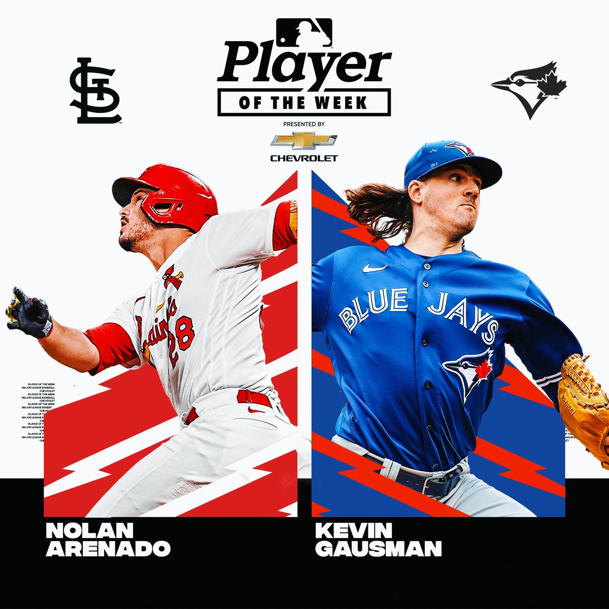 MLB's tweet photo. Nolan Arenado: .476/.560/1.000, 3 HR, 8 RBI 

Kevin Gausman: 14 IP, 15 Ks, 0.00 ERA

Your Players of the Week presented by @chevrolet! 👏 https://t.co/urLVpHsYok
