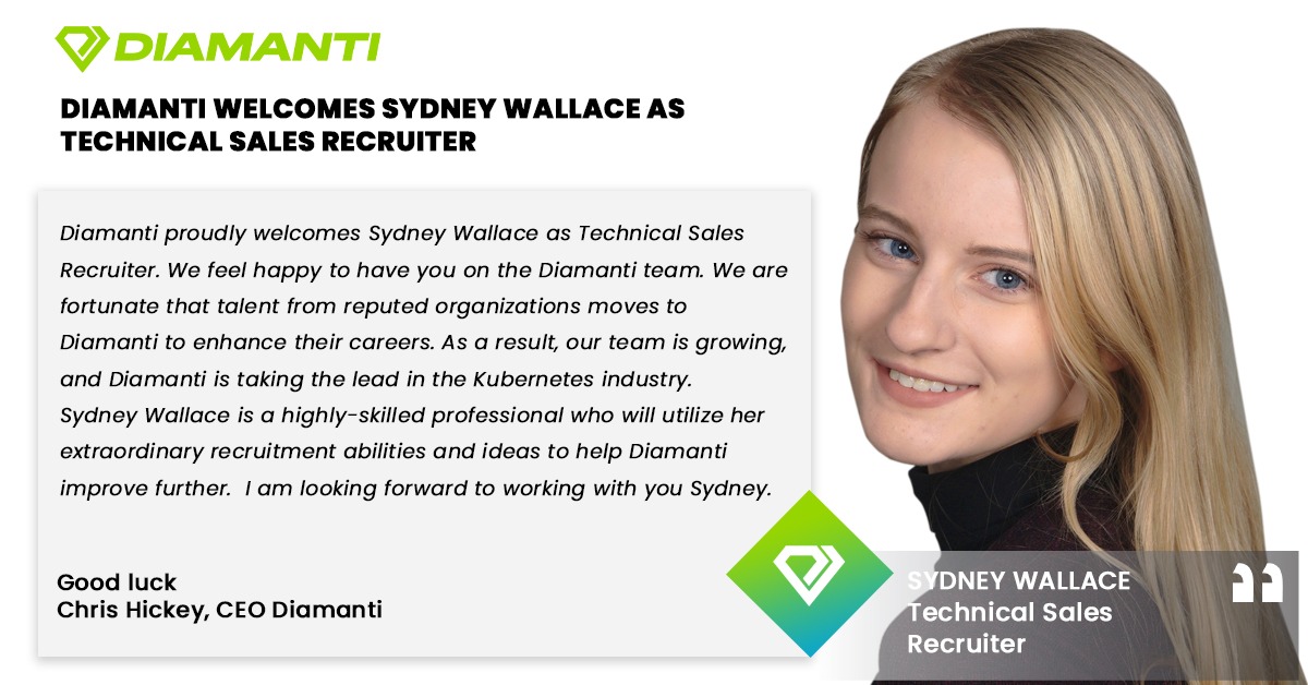 Diamanti proudly welcomes Sydney Wallace as Technical Sales Recruiter. We feel happy to have you on the Diamanti team. We are fortunate that talent from reputed organizations moves to Diamanti to enhance their careers. Good luck, Sydney!
Visit bit.ly/3DjIzl9
#diamanti