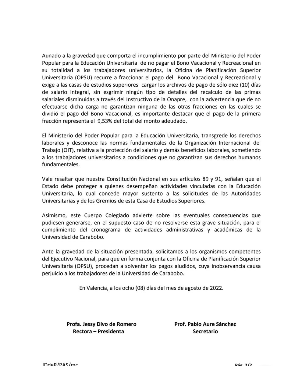 UCarabobo's tweet photo. #Resolución del Consejo Universitario de la @UCarabobo ante el incumpliendo por parte del Ejecutivo Nacional del pago del Bono Vacacional y Recreacional correspondiente al año 2022. https://t.co/RrdaE0wiDH