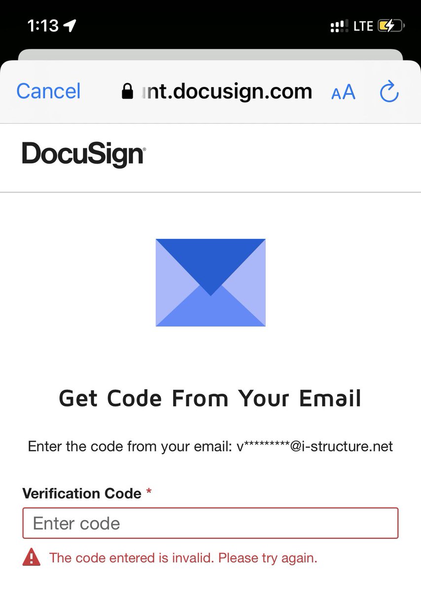 Hd1In's tweet photo. … and then finally when I get the code it doesn’t work!!! 😡🤬@docusign #junk https://t.co/hfccXkHH2H