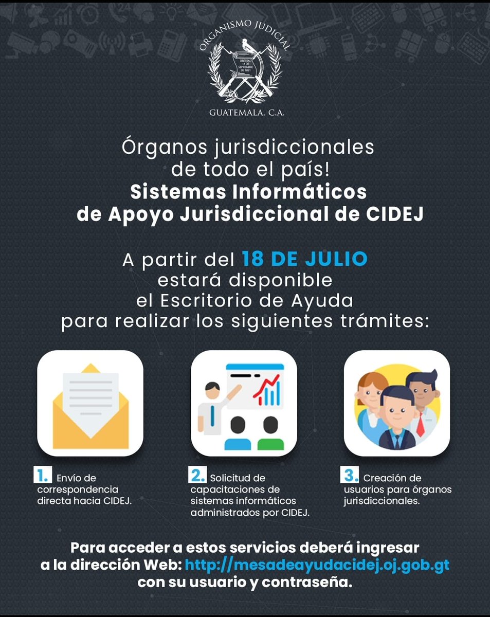 OJGuatemala's tweet photo. #CIDEJ habilita el Escritorio de Ayuda para realizar los siguentes trámites:
📤 Envío de correspondencia
📊 Solicitud de capacitación
👨💻 Creación de usuario
#OJ
#ÓrganosJurisdiccionales https://t.co/hwADLlt6sH