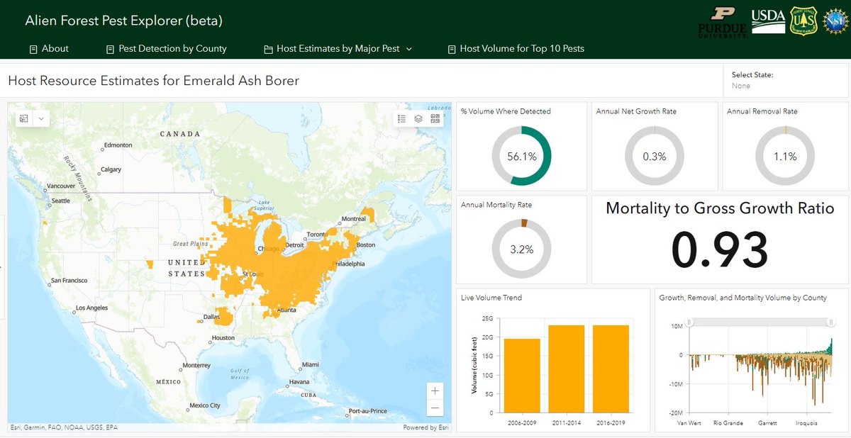 CNNF002's tweet image. Check out the Alien Forest Pest Explorer, an interactive tool providing pest distribution for 89 pests. Look by county, specific pest, or top 10 pests. #Pests #MappingTools mapsweb.lib.purdue.edu/AFPE/?_ga=2.19…