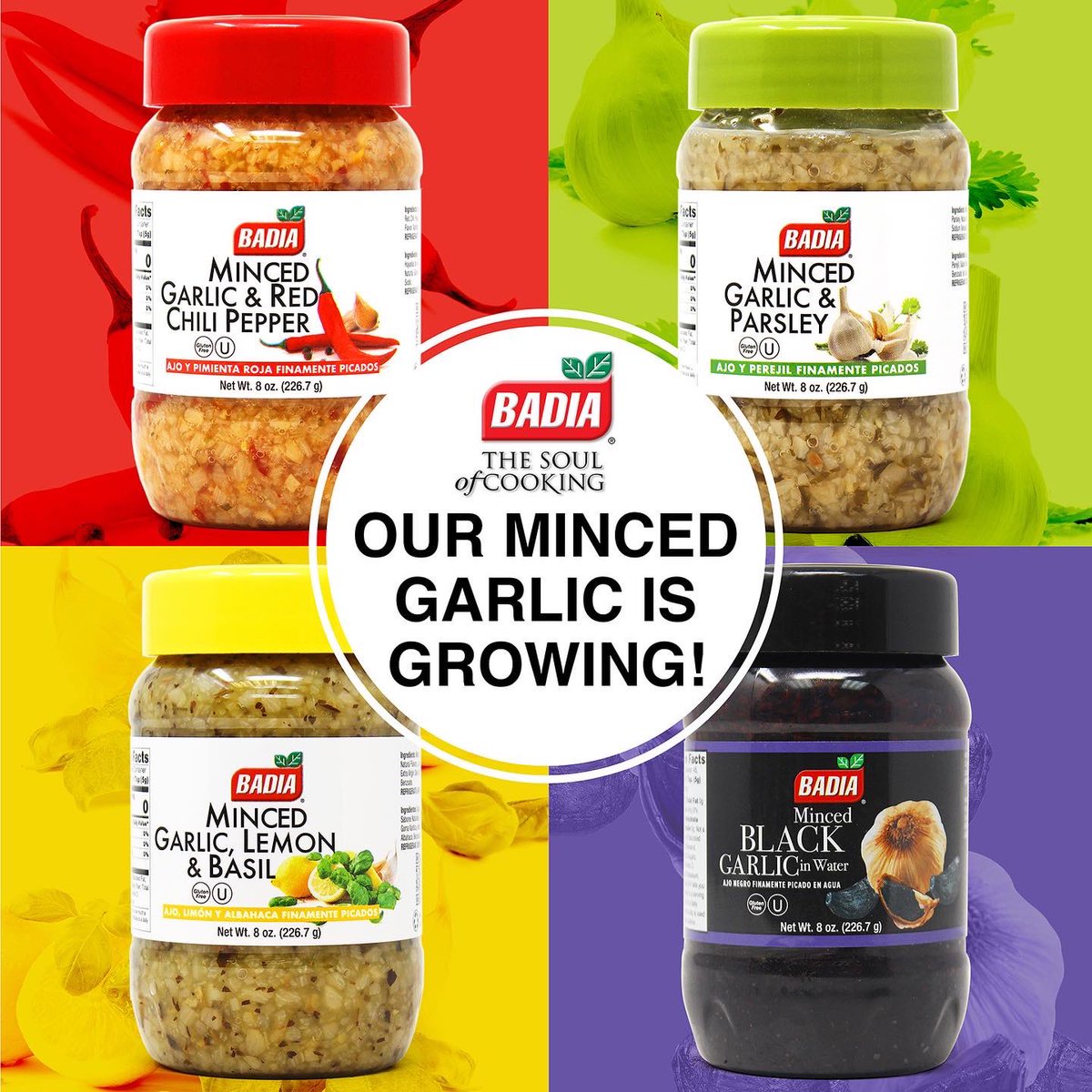 BadiaSpices's tweet photo. Our #MincedGarlic Family is growing! Meet our newest additions:
β₯οΈ Minced Garlic & Red Chili Pepper,
π Minced Garlic & Parsley, and
π Minced Garlic, Lemon & Basil.
Use these products to add a delicious twist to all #recipes requiring #garlic. A must-have in every kitchen! https://t.co/1gZcC5xT3Q