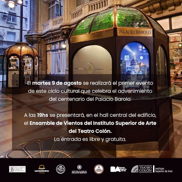 Este Martes 9 de #Agosto a las 19hs.  se realizará el PRIMERO de los #EventosdelCentenario. Entrada libre y gratuita sólo al #PasajeBarolo y al concierto mencionado en este flyer. (Disponibilidad por orden de llegada, sin reserva previa) #cultura #concierto en📍Av de Mayo 1370