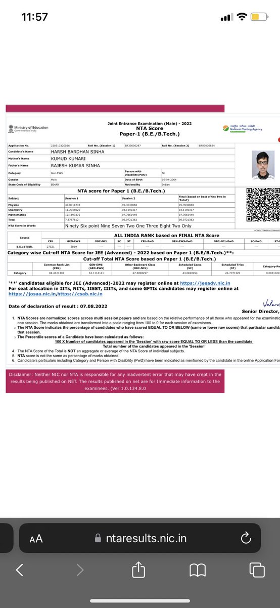 anitripathee's tweet photo. I myself logged in to check this result and this is real how is this even possible i went from 91.7 to 63 and he went from 7 to 96 #fuckyounta #JEEMainsThirdAttemptForAll #JEEStudentsWantJustice https://t.co/XkNCEMZF6v