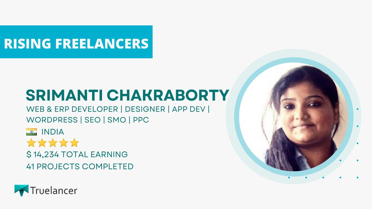 Srimanti Chakraborty is a web and app developer from Kolkata and the top freelancer who has earned more than $14,000 working on Truelancer. - bit.ly/3vK6gBz 

#freelancer #truelancer #freelancing #workfromhome #webdeveloper #seo #makemoney #onlinemoney #earnmoneyonline