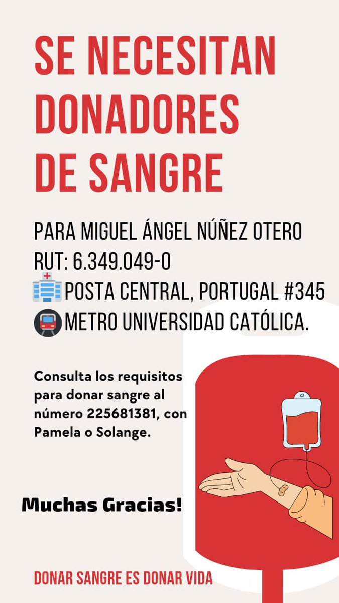 Uno de los nuestros necesita de tu ayuda 🩸.
Necesitamos donadores de sangre para nuestro Voluntario Honorario Miguel Angel Nuñez.
🏥 Posta Central, Portugal #345 🚇 Universidad Católica
