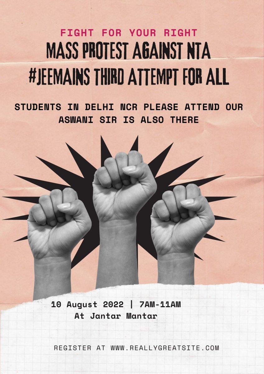Sudhansuk2002's tweet photo. 🔴🔴 IMPORTANT 🔴🔴
Mass protest against NTA for #JEEMainsThirdAttemptForAll
HELD BY AAP IN SUPPORT OF STUDENTS WHO FACED ISSUES IN #JEEMains2022 .
Please STUDENTS from DELHI kindly participate 🙏🙏. 
🔴DATE : 10TH AUGUST
🔴TIME : 7am - 11am
🔴PLACE : JANTAR MANTAR 
@DG_NTA https://t.co/hdNWW3QTlG