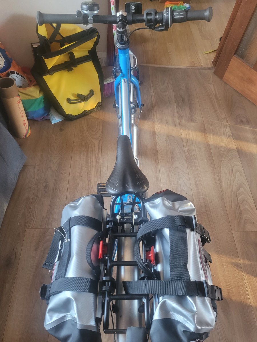 Running2staysa1's tweet photo. All the cute, smalls pannier bags have arrived. It was quite tricky to find ones small enough. These are actually front panniers adjusted to fit. On sale & much to smalls delight they are silver. Ready to cycle to Sheringham glamping @Islabikes #islabike #panniers #Carradice https://t.co/YC2NTMGeu8